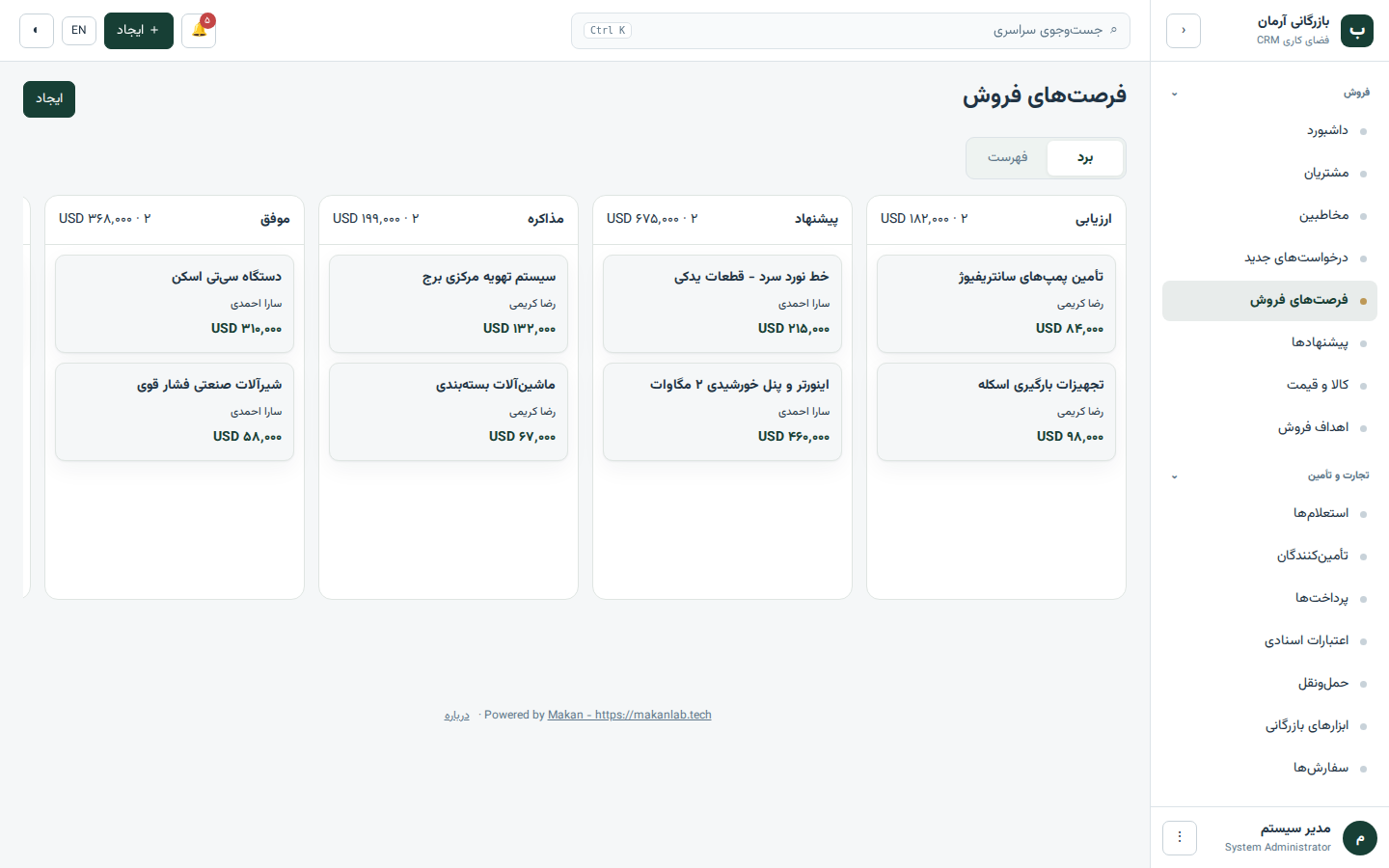 Sales pipeline board in CRM Workspace